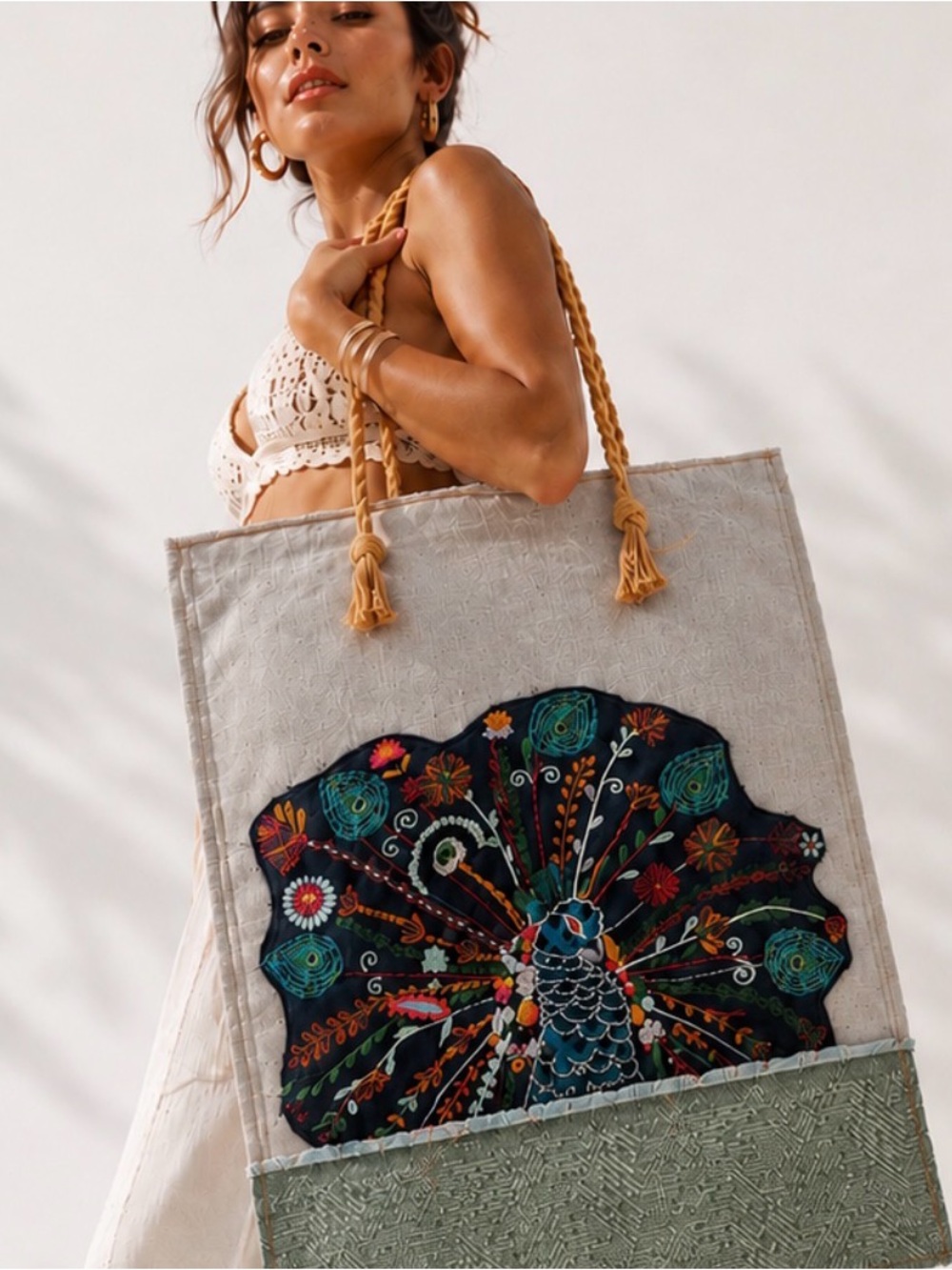 Oversized Handmade Peacock Patch Canvas Tote Bag Boho Artisan Shoulder Bag